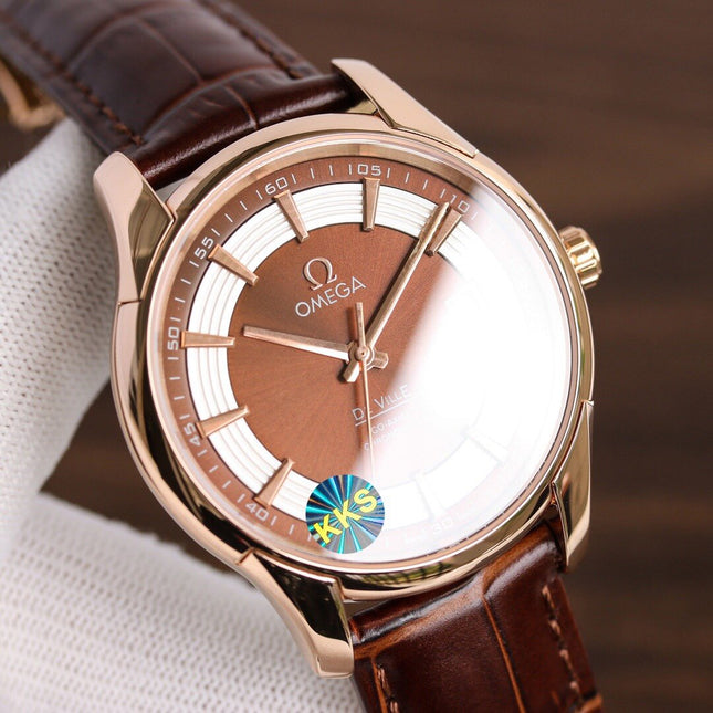 DE VILLE HOUR VISION 41MM ROSE GOLD CASE LEATHER STRAP