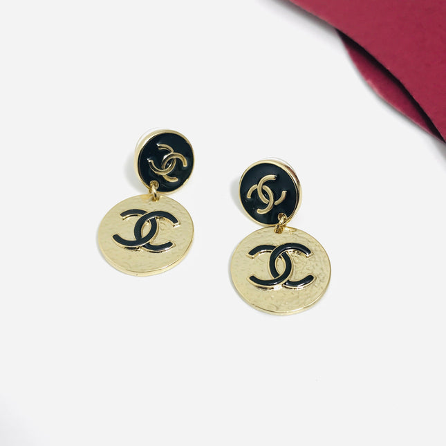 DOUBLE C BLACK ENAMEL GOLD DROP EARRINGS