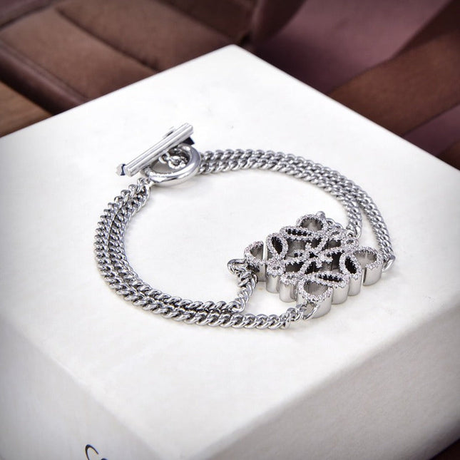 PAVED ANAGRAM DOUBLE CHAIN SILVER BRACELET
