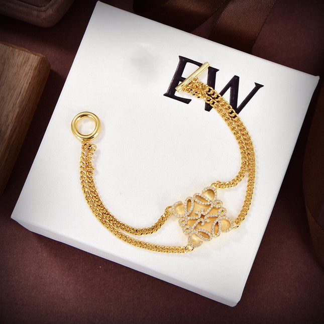 PAVED ANAGRAM DOUBLE CHAIN GOLD BRACELET