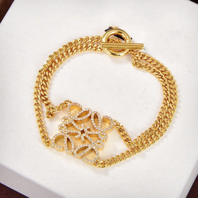 PAVED ANAGRAM DOUBLE CHAIN GOLD BRACELET
