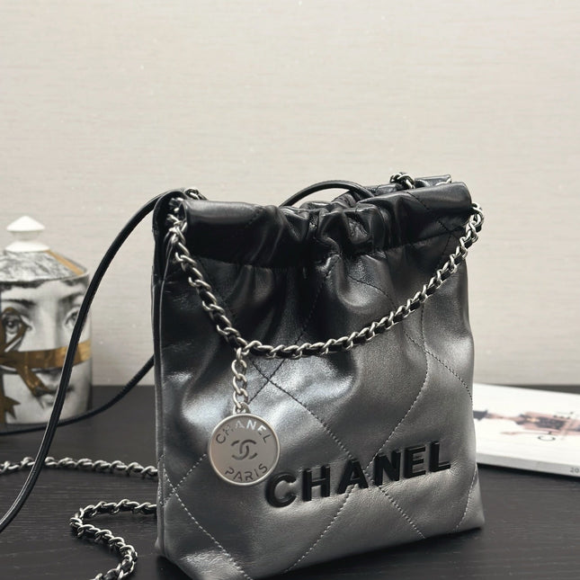 CC HOBO MINI 20CM BLACK GREY LAMBSKIN SILVER HARDWARE