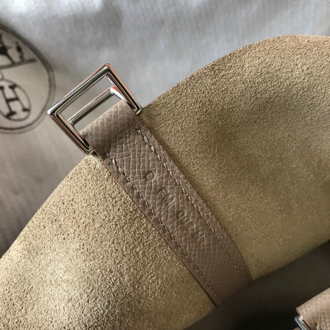 HM PICOTIN LOCK 18 TAUPE CALFSKIN WITH BRAID STRAP