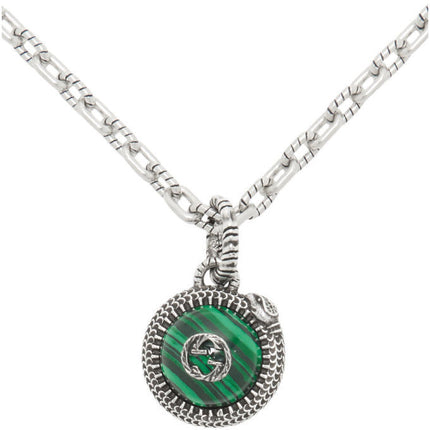 STERLING SILVER NEW DOUBLE G LOGO SERPENT MALACHITE PENDANT NECKLACE