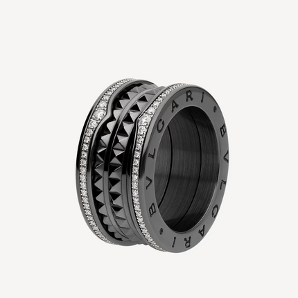 ZERO 1 ROCK FOUR-BAND BLACK CERAMIC WITH STUDDED SPIRAL AND PAVED DIAMONDS RING