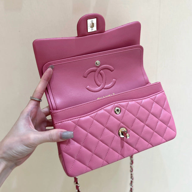 FLAP BAG 23CM GEM PINK LAMBSKIN GOLD HARDWARE