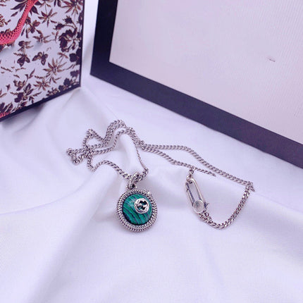 STERLING SILVER NEW DOUBLE G LOGO SERPENT MALACHITE PENDANT NECKLACE