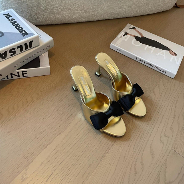 Metallic Gold High - Heels With Black Bow Calfskin