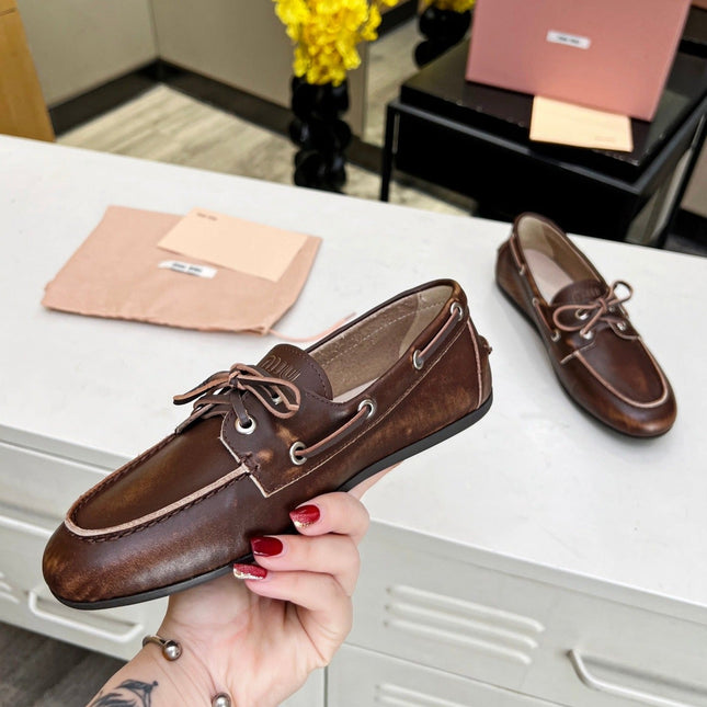Lace-up Retro Loafers Walnut Color Cowhide