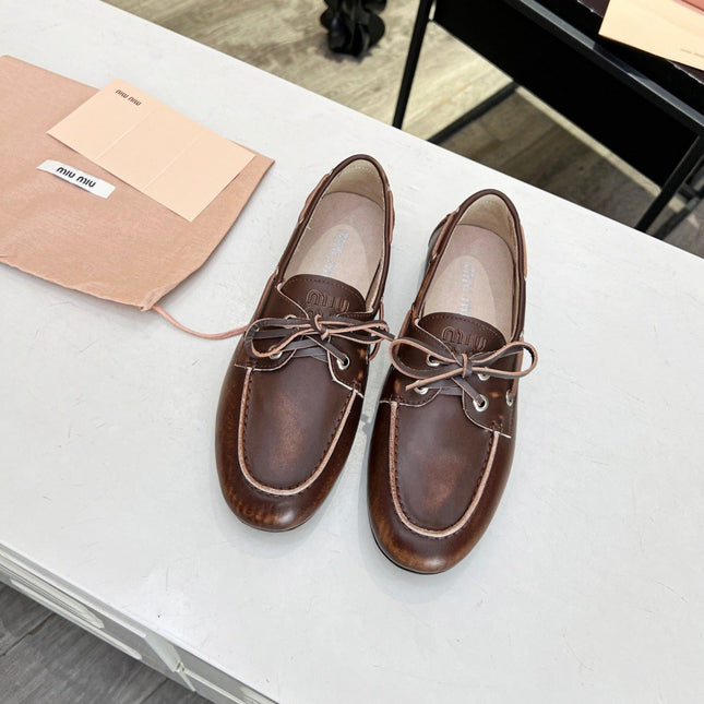 Lace-up Retro Loafers Walnut Color Cowhide