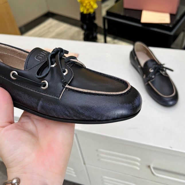 Lace-up Retro Loafers Black Cowhide