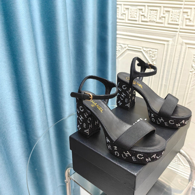 Chunky Heel Rhinestone High Sandals Black Lambskin