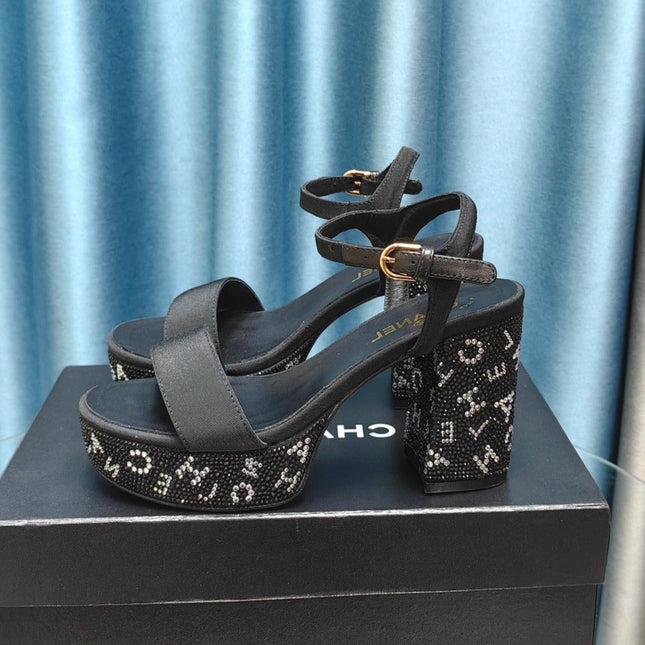 Chunky Heel Rhinestone High Sandals Black Lambskin