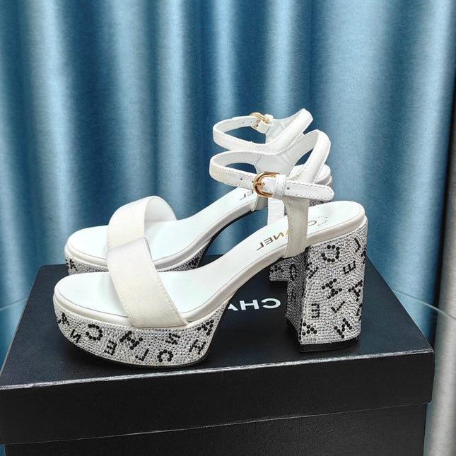 Chunky Heel Rhinestone High Sandals White Lambskin