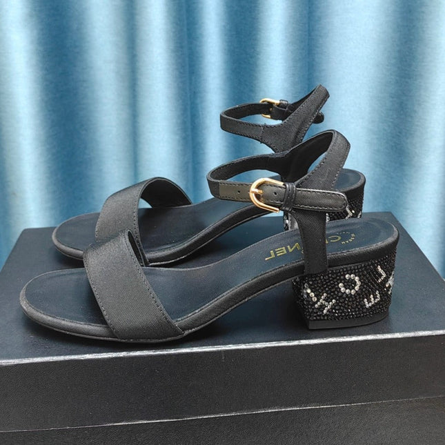 Chunky Heel Rhinestone Sandals Black Lambskin