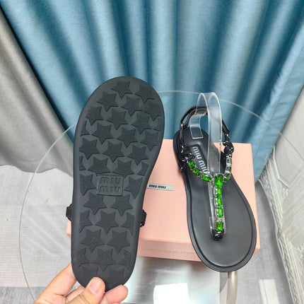 FLIP-FLOPS BLACK COWHIDE WITH CRYSTALS-KELLY GREEN