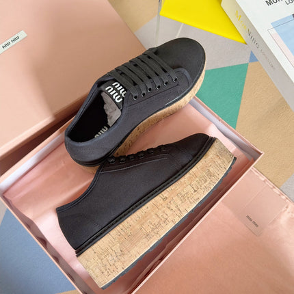 Lace - up Platform Shoes Black Canvas