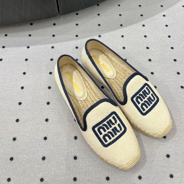 Loafer Shoes Ivory With Navy Border Fabric linen