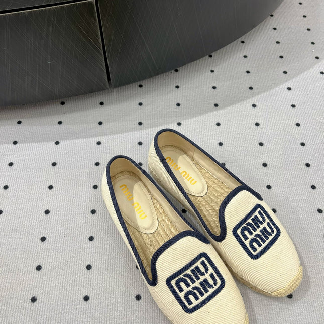 Loafer Shoes Ivory With Navy Border Fabric linen