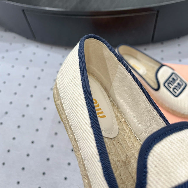 Loafer Shoes Ivory With Navy Border Fabric linen