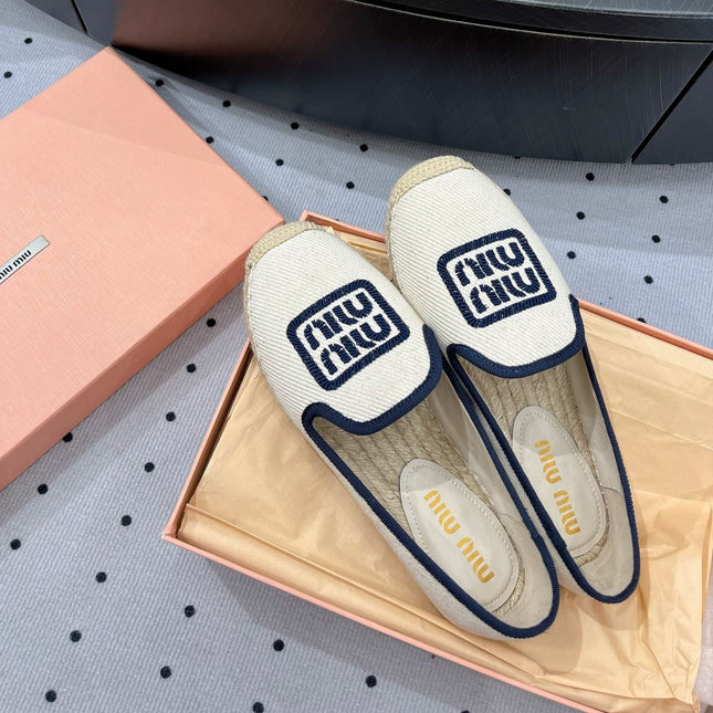 Loafer Shoes Ivory With Navy Border Fabric linen