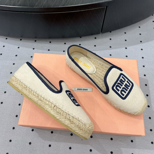 Loafer Shoes Ivory With Navy Border Fabric linen