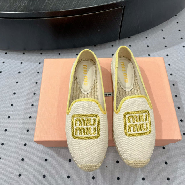 Loafer Shoes Ivory With Yellow Border Fabric Linen