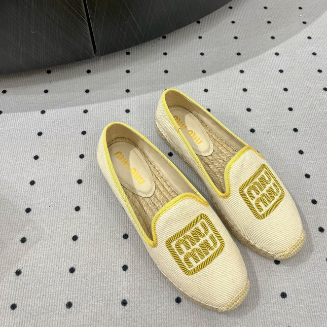 Loafer Shoes Ivory With Yellow Border Fabric Linen