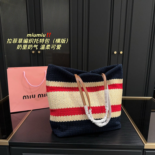 TOTE BAG 36 IN COLORFUL HORIZONTAL RAFFIA WOVEN