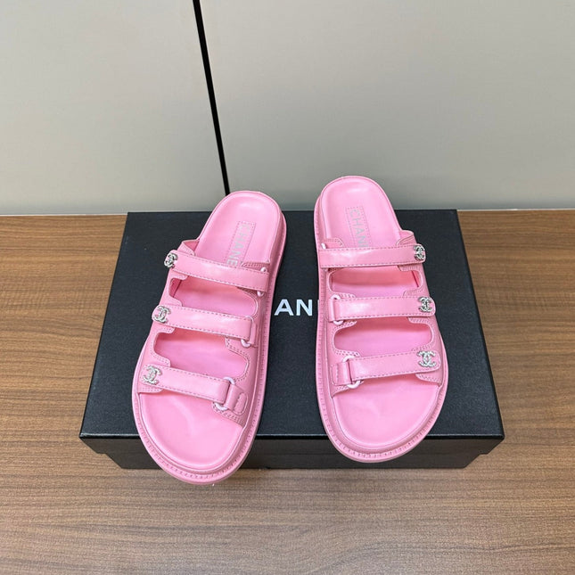 dad sandals pink 3 rows lambskin mules