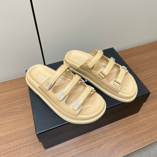 dad sandals cream 3 rows lambskin mules