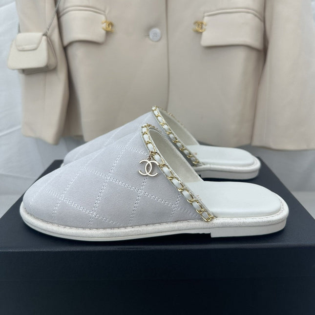 CC White Suede Gold Chain Mules