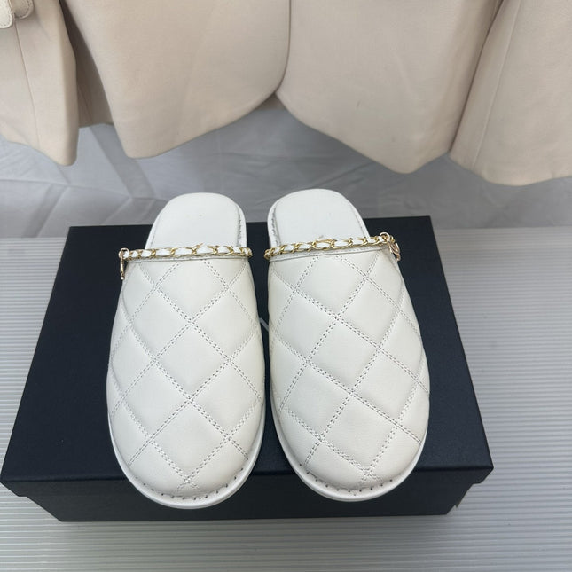 CC White Lambskin Gold Chain Mules