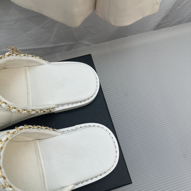 CC White Lambskin Gold Chain Mules