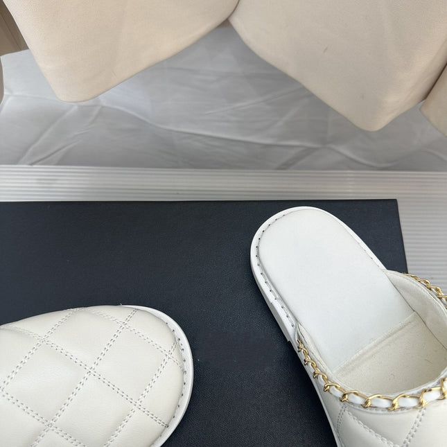 CC White Lambskin Gold Chain Mules