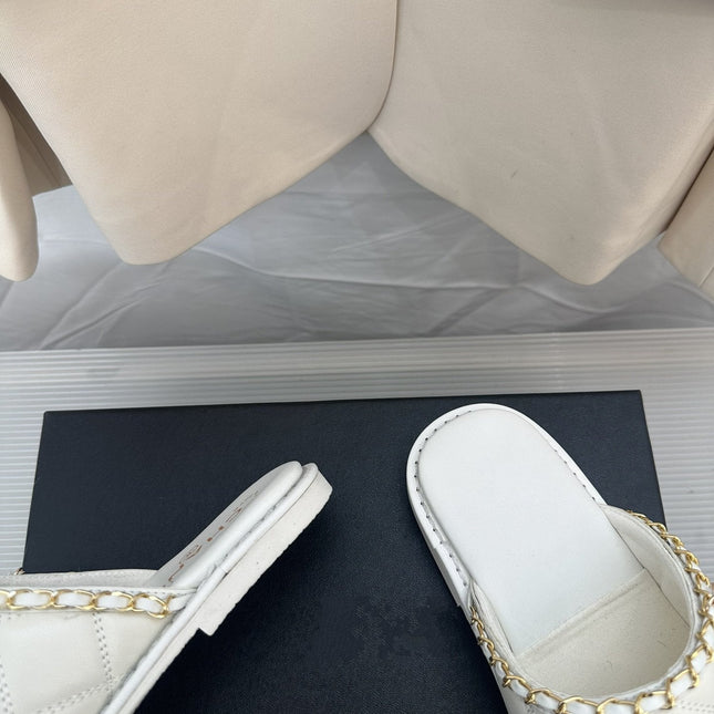 CC White Lambskin Gold Chain Mules