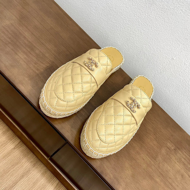 CC Women Half - Slippers Yellow Cream Lambskin