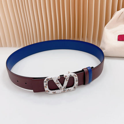 Vlogo Brown Black White Stone Silver Buckle Belt 40mm Chocolate Blue Leather