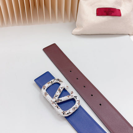 Vlogo Brown Black White Stone Silver Buckle Belt 40mm Chocolate Blue Leather