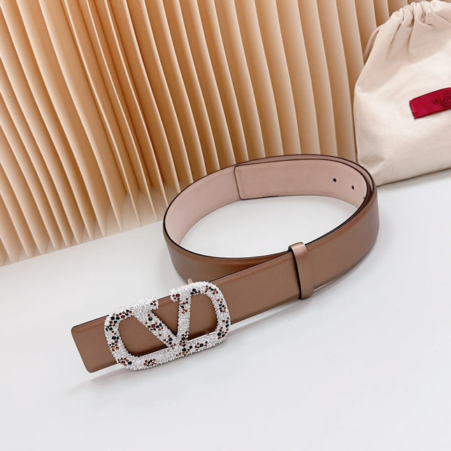 Vlogo Brown Black White Stone Silver Buckle Belt 40mm Brown Light Pink Leather