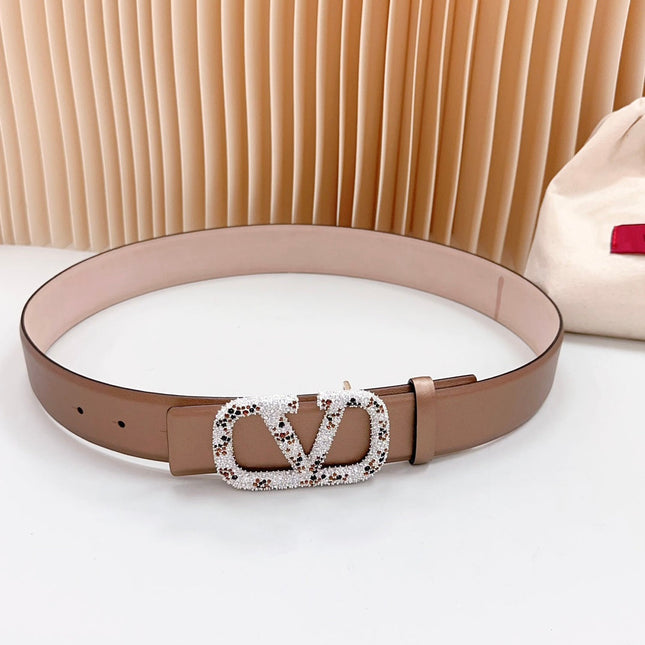 Vlogo Brown Black White Stone Silver Buckle Belt 40mm Brown Light Pink Leather