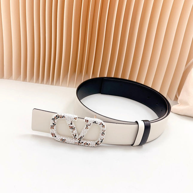 Vlogo Brown Black White Stone Silver Buckle Belt 40mm Black White Leather