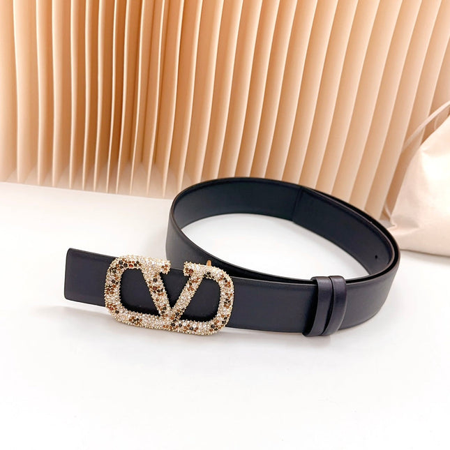 Vlogo Brown Black White Stone Gold Buckle Belt 40mm Black Leather