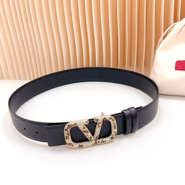 Vlogo Brown Black White Stone Gold Buckle Belt 40mm Black Leather