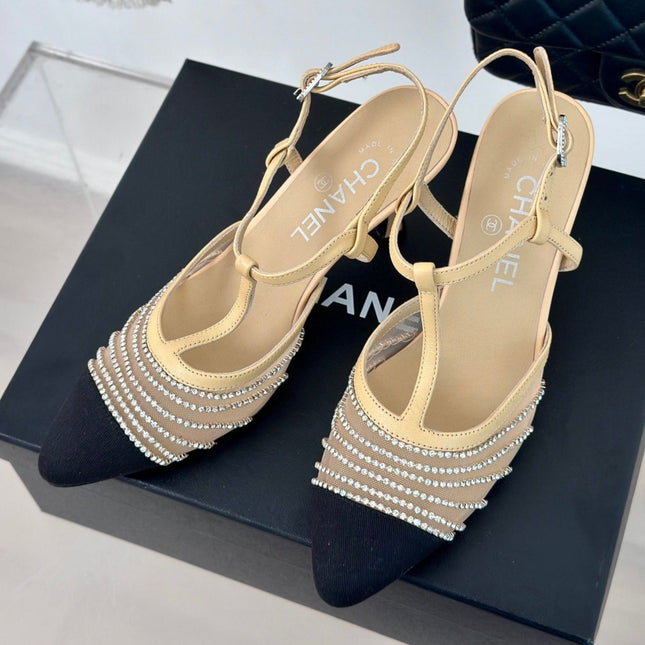 Crystal Flat High Heel Sandals Beige Cream