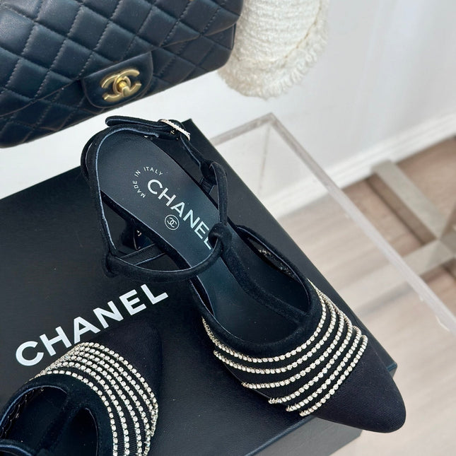 Crystal Flat High Heel Sandals Black