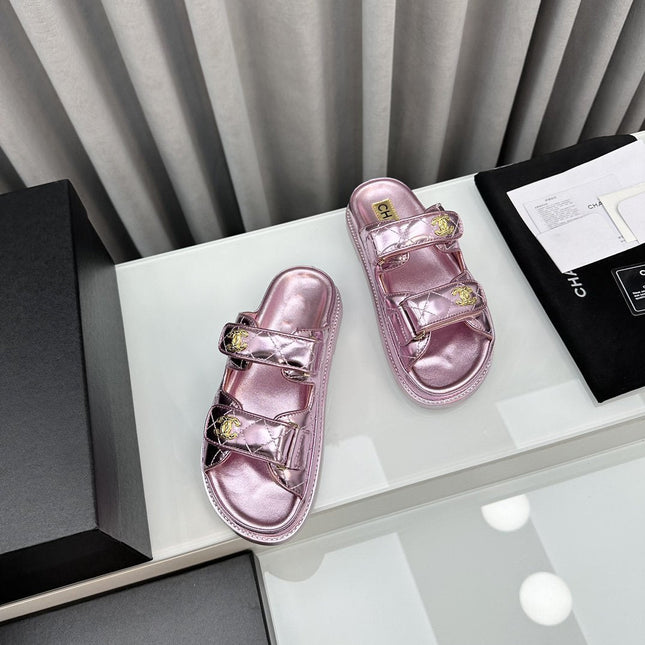 dad sandals pink metalic lambskin mules