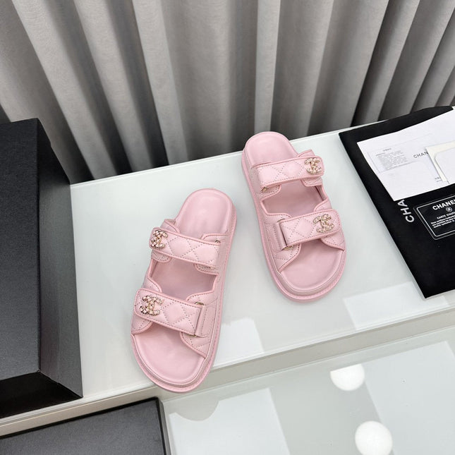 dad sandals pink lambskin mules