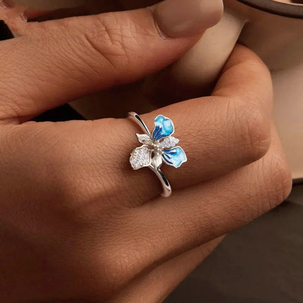 Blue Iris Adjustable Ring Exquisite Enamel Flower Opening Ring