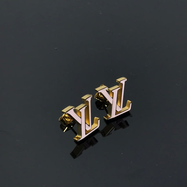 LV LOGO PINK AND BLACK GOLD STUD EARRINGS
